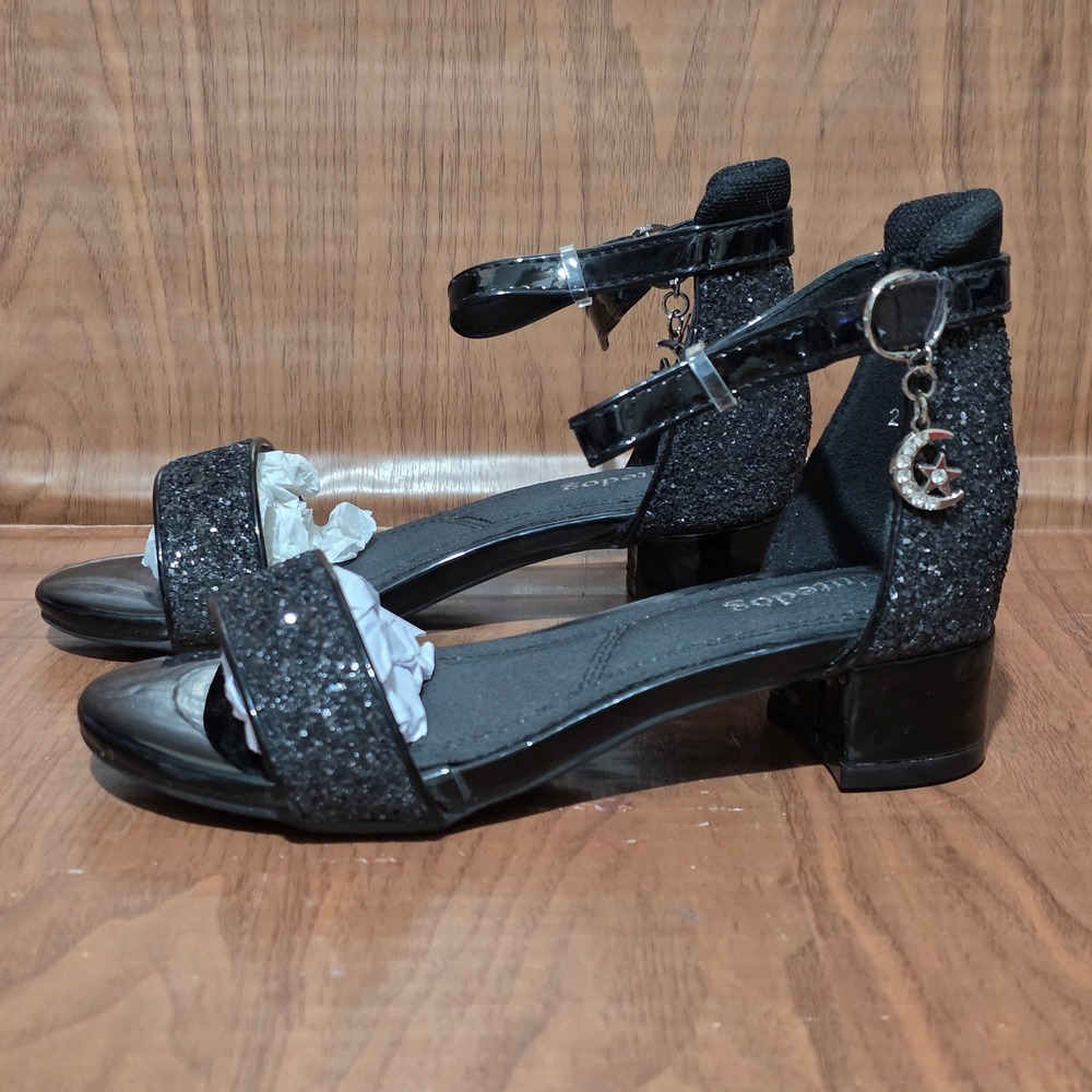 White Dog Girls Black Glitter Dress Sandals Moon Star Charm Block Heel Size 13